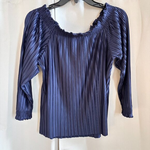 Banana Republic Womens Top Size XS Blue Satin Pleated Off Shoulder Elegant 18780 - Picture 2 of 8